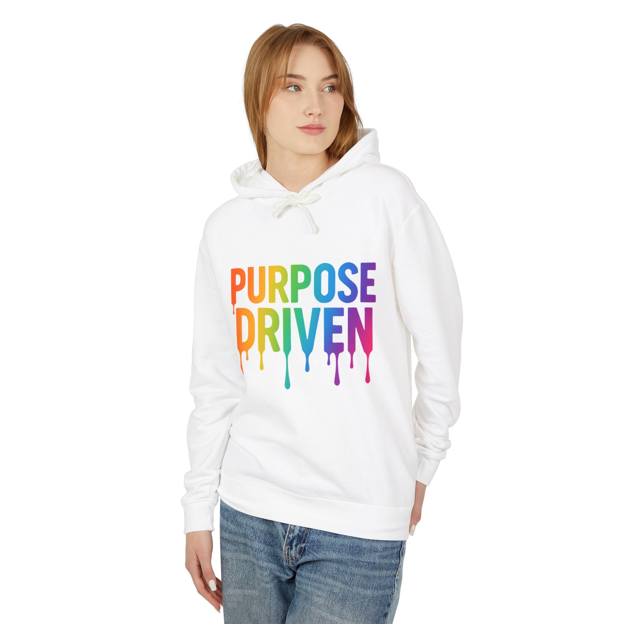 Purpose Driven Hoodie — Rainbow Drip Graphic Hooded Sweatshirt